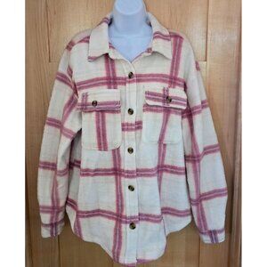 Plaid Button-Down Fleece Shacket Pink/White fairycore cottagecore warm soft love
